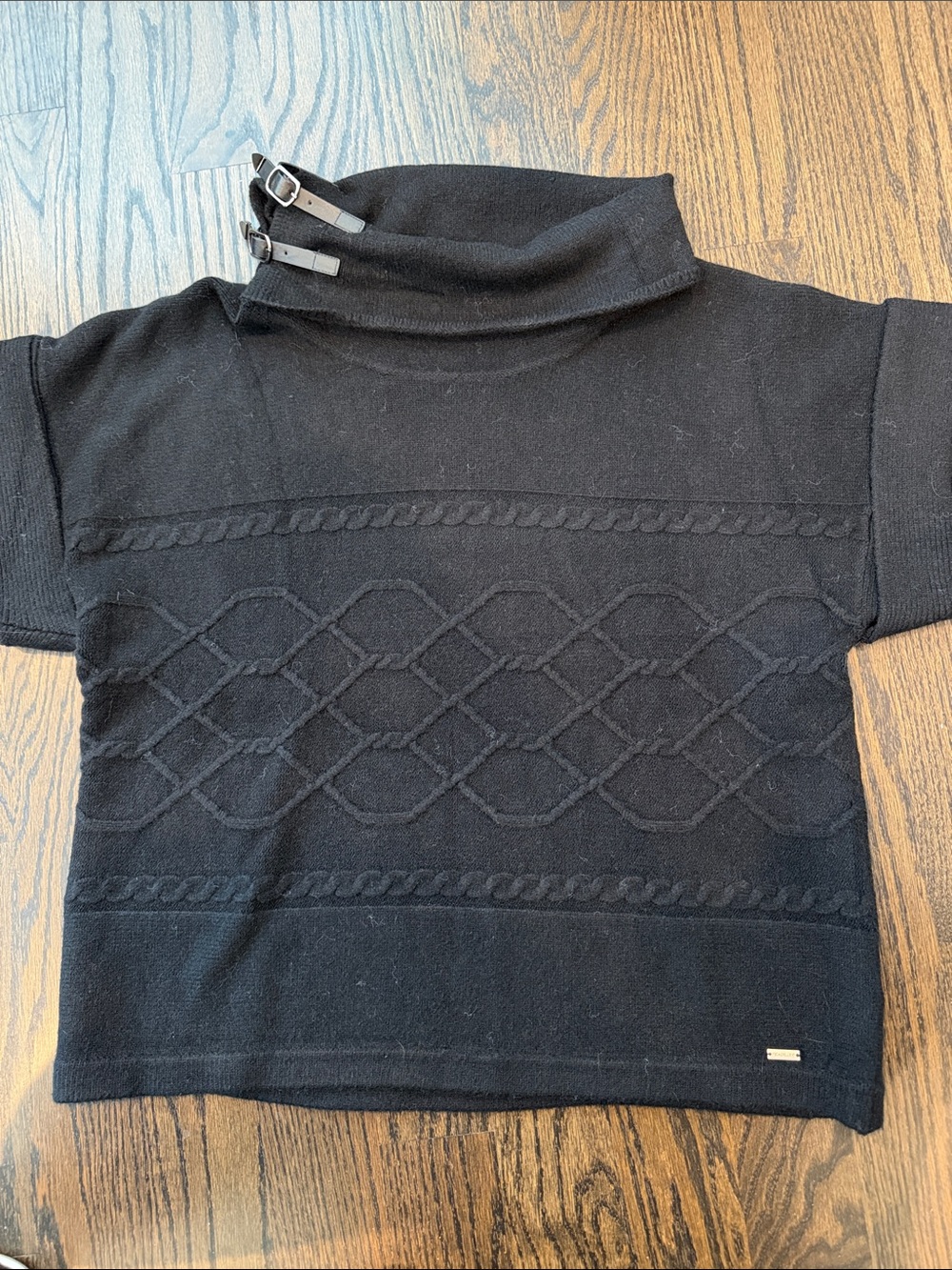 Black Cable-Knit Short-Sleeve Turtleneck Sweater with Buckle Detail